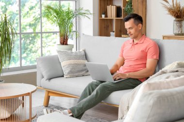 Oturma odasında kanepede otururken dizüstü bilgisayar kullanan yakışıklı adam.