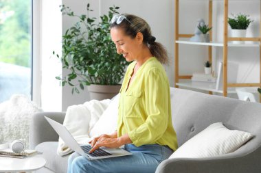 Dizüstü bilgisayarı olan olgun bir kadın evdeki koltukta oturuyor.