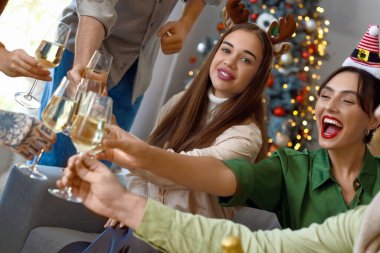 Bir grup şampanyalı arkadaş yeni yılı evde kutluyorlar.