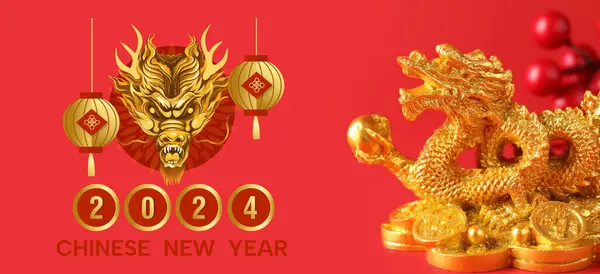 Wenskaart Voor Chinees Nieuwjaar 2024 Met Gouden Draak — Stockfoto