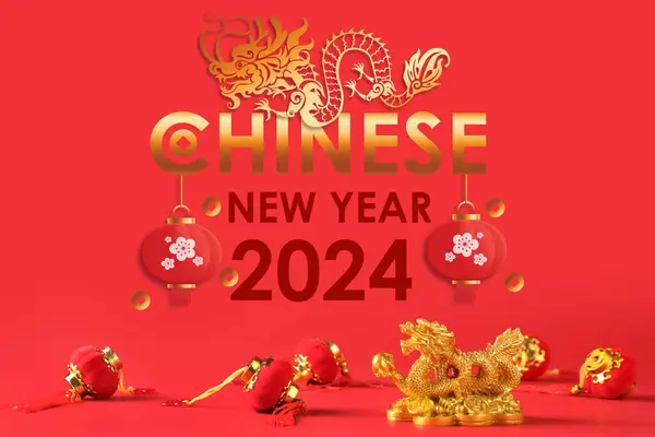 Wenskaart Voor Chinees Nieuwjaar 2024 Met Draak Lantaarns — Stockfoto