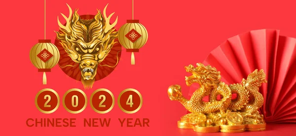 Wenskaart Voor Chinees Nieuwjaar 2024 Met Gouden Draak Waaier — Stockfoto
