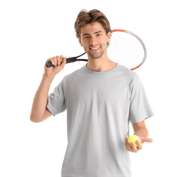 Junger Mann Sportbekleidung Mit Tennisschläger Und Ball Auf Weißem Hintergrund — Stockfoto