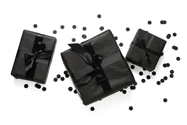 Gift Boxes Confetti White Background Black Friday — Stock Photo, Image