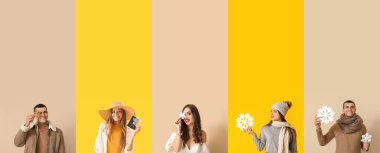 Arkaplanda dekoratif kar taneleri olan bir grup genç.