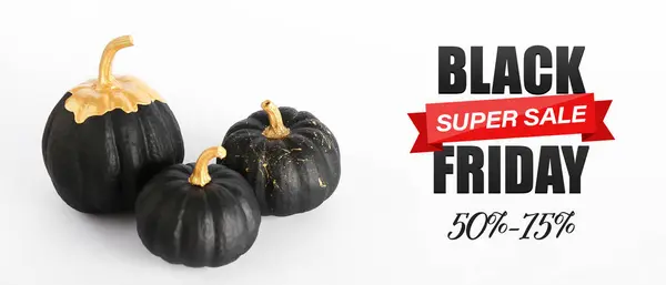 Painted pumpkins and text BLACK FRIDAY SUPER SALE on white background