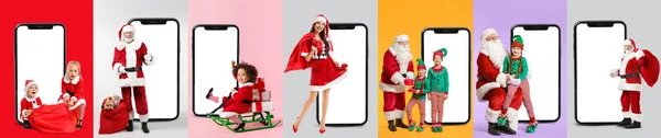 Collage Großer Mobiltelefone Mit Nikoläusen Kleinen Kindern Und Geschenken Auf — Stockfoto