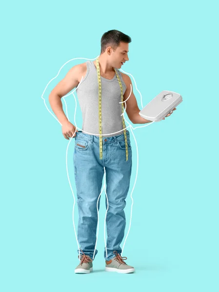 Young Man Weight Loss Scales Measuring Tape Light Blue Background — Stock Photo, Image