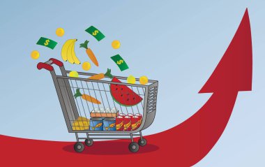 Market ürünleri ve gri arka planda ok olan alışveriş arabası. Artan fiyatlar kavramı