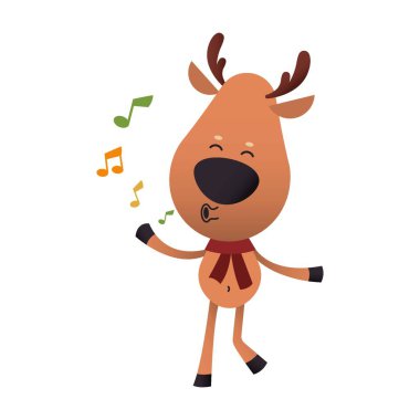 Beyaz arka planda şarkı söyleyen sevimli ren geyiği. Noel kutlaması