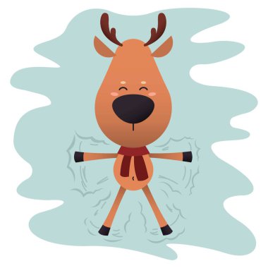 Beyaz arka planda kar meleği yapan sevimli ren geyiği. Noel kutlaması