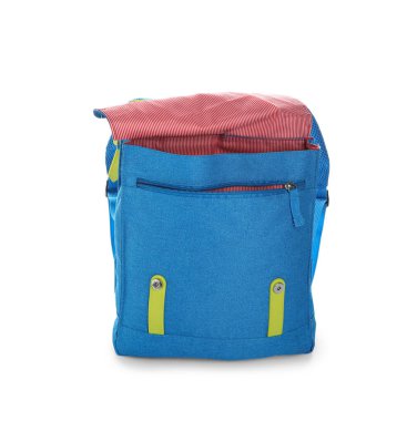 Beyaz arkaplanda mavi okul çantası