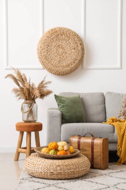 Gri kanepe ve sepetin içinde balkabaklarıyla oturma odasının içinde.