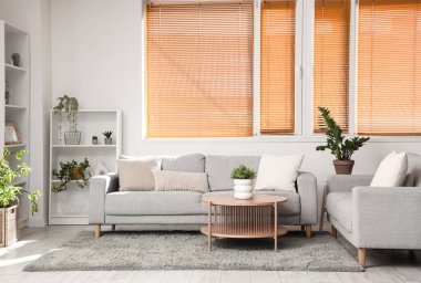 Gri kanepeleri, masası ve çiçekleri olan aydınlık oturma odasının içinde.