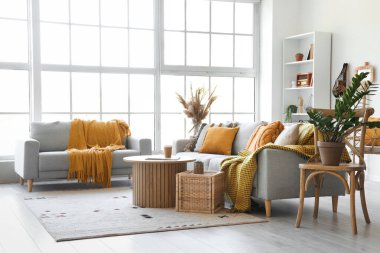 Gri koltuklu oturma odasının içi.