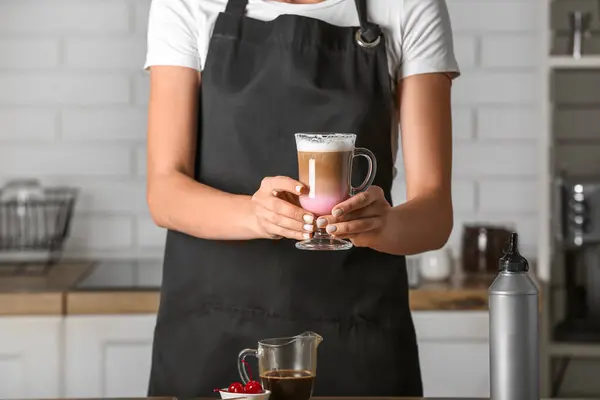 Female Barista Holding Glass Cup Tasty Coffee Kitchen — Stock Photo, Image