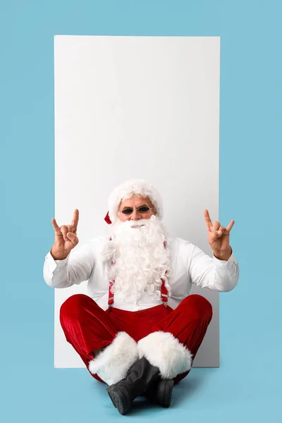 Cool Santa Claus Blank Poster Showing Devil Horns Blue Background — Stock Photo, Image
