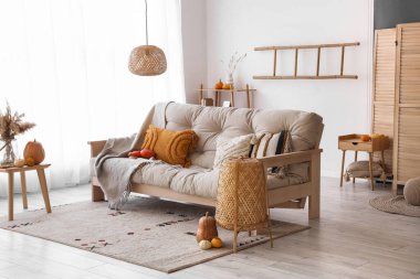 Kanepe ve balkabaklı rahat bir oturma odası.