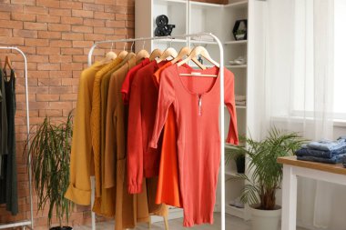 Modern butikte şık kadın kıyafetleriyle dolu raflar.