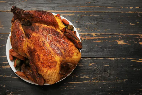 Lezzetli kızarmış hindi tabağı ve siyah ahşap arka planda Şükran Günü için farklı sebzeler.