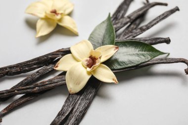 Aromatik vanilya çubukları ve gri arkaplanda çiçekler