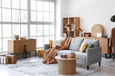 Gri kanepe ve çekmeceleri olan oturma odasının içinde.