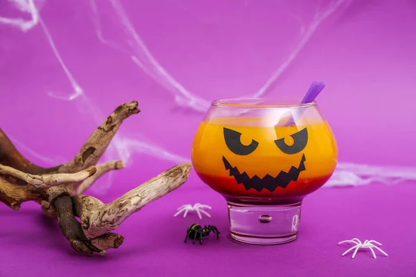 Glass Delicious Orange Cocktail Halloween Wood Spiders Purple Background Closeup — Stock Photo, Image