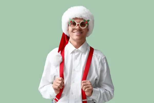 Santa Claus Vánoční Brýle Zeleném Pozadí — Stock fotografie