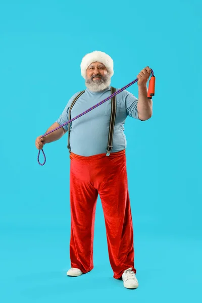 Sporty Santa Claus Skipping Rope Blue Background — Stock Photo, Image