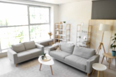 Gri kanepeler ve kahve masasıyla aydınlık oturma odasının bulanık görüntüsü