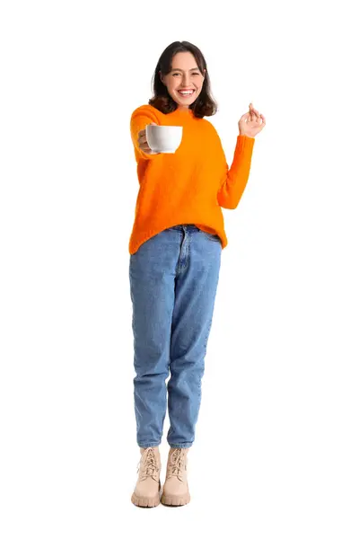 Young Woman Warm Sweater Cup Hot Tea White Background — Stock Photo, Image