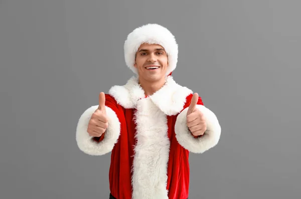 Santa Claus Showing Thumbs Gesture Grey Background — Stock Photo, Image