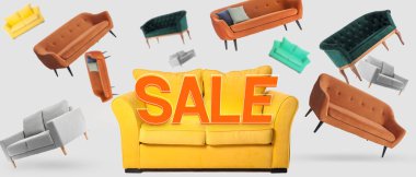 Kelime satışı ve birçok kanepesi olan mobilya mağazası için pankart