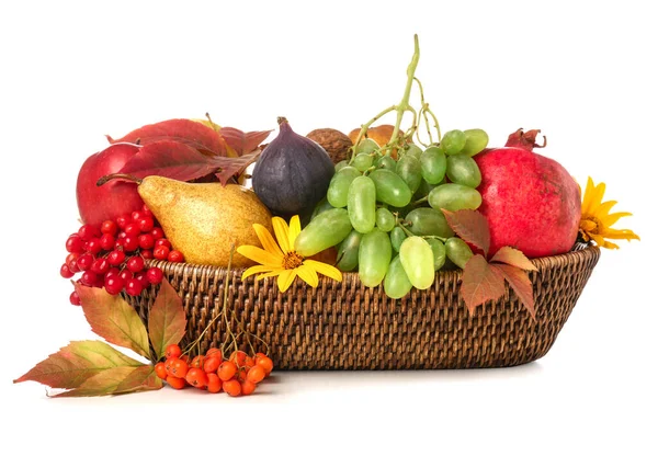 Wicker Basket Different Fresh Fruits Flowers White Background Royalty Free Stock Photos