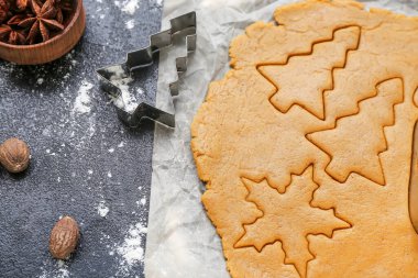 Ham hamurlar, baharatlar ve kesiciler karanlık arka planda Noel kurabiyeleri hazırlamak için, yakın plan