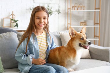Evdeki kanepede oturan sevimli Corgi köpekli küçük kız.