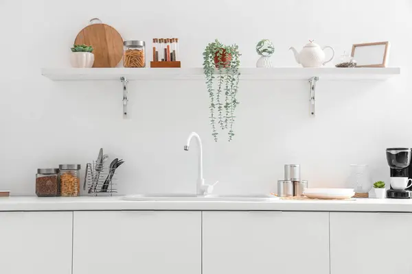 Interior Light Kitchen White Counters Shelf Sink Utensils — Stock Photo, Image