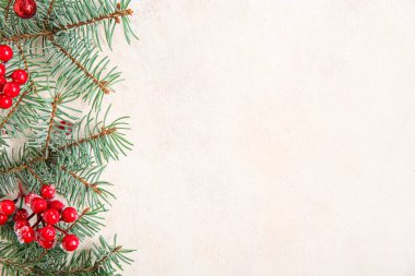 Noel kompozisyonu köknar dalları ve kırmızı böğürtlenli ışık arkaplanı