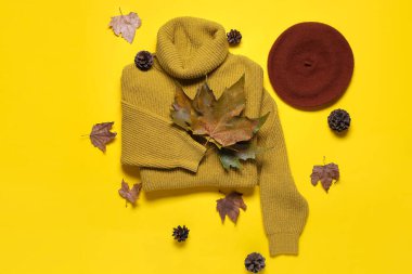 Sarı arka planda kadın süveteri, bere, düşmüş yaprak ve koni kompozisyonu