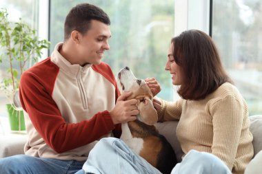 Evdeki kanepede oturan sevimli Beagle köpeği olan genç çift.