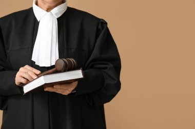 Kahverengi arka planda kitap ve tokmağı olan kadın yargıç.