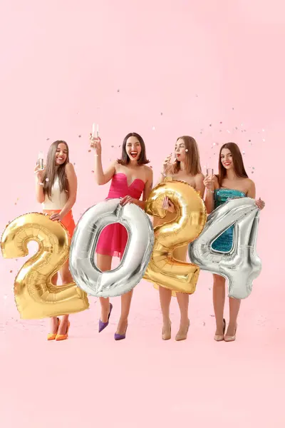 Happy Beautiful Women Balloons Shape Figure 2024 Champagne Glasses Celebrating — Stock Photo, Image