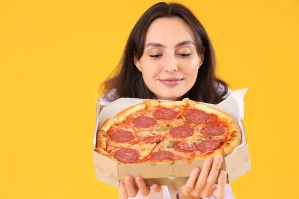 Young Woman Tasty Pepperoni Pizza Yellow Background Closeup — Stock Photo, Image
