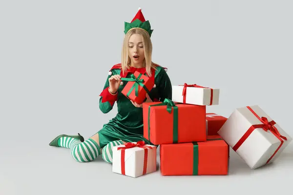 Emotional Young Woman Elf Costume Christmas Gift Boxes White Background — Stock Photo, Image