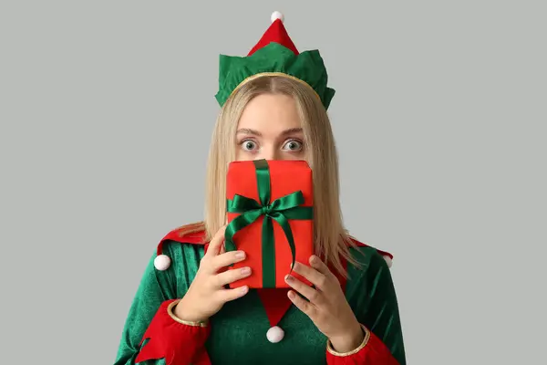 Young Woman Elf Costume Christmas Gift Box White Background — Stock Photo, Image
