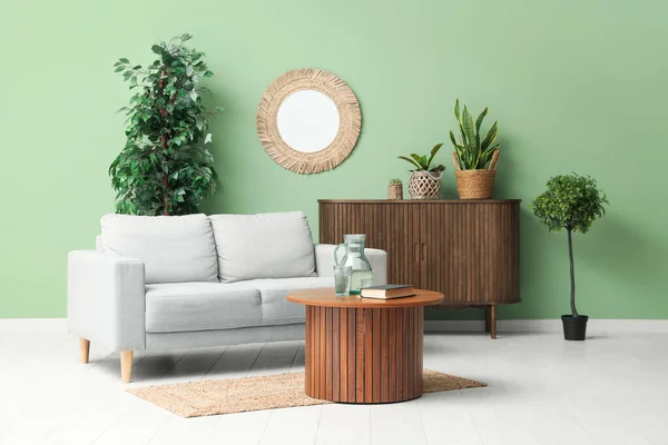 Coffee table with couch, dresser and houseplants near green wall