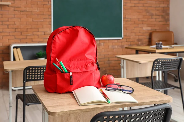 Red school backpack with stationery on desk in classroom