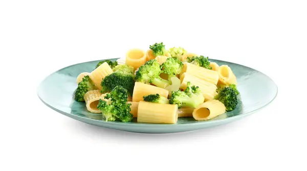 Plate Tasty Pasta Broccoli White Background — Stock Photo, Image