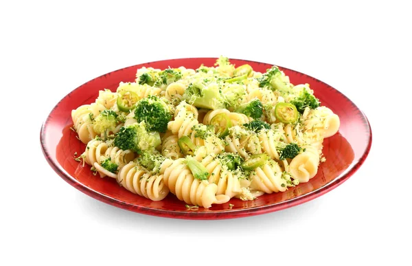 Plate Tasty Pasta Broccoli Chili Pepper White Background — Stock Photo, Image