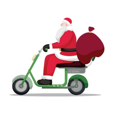 Noel Baba hediyeler ve beyaz arka planda modern elektrikli scooter.